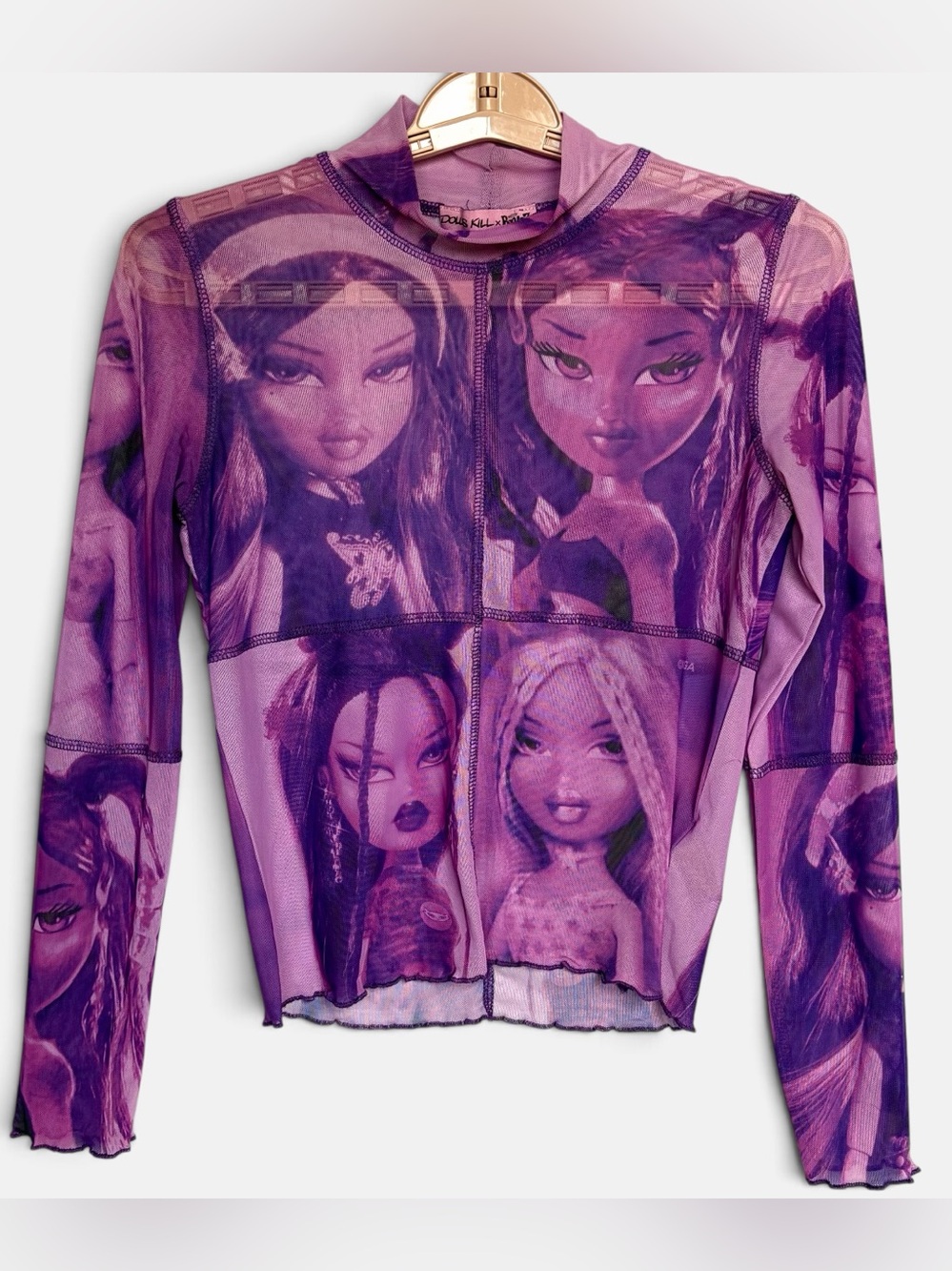 Dolls Kill x Bratz Gonna Be A Doll Mesh Mock Neck Top Purple Large L AOP Y2K